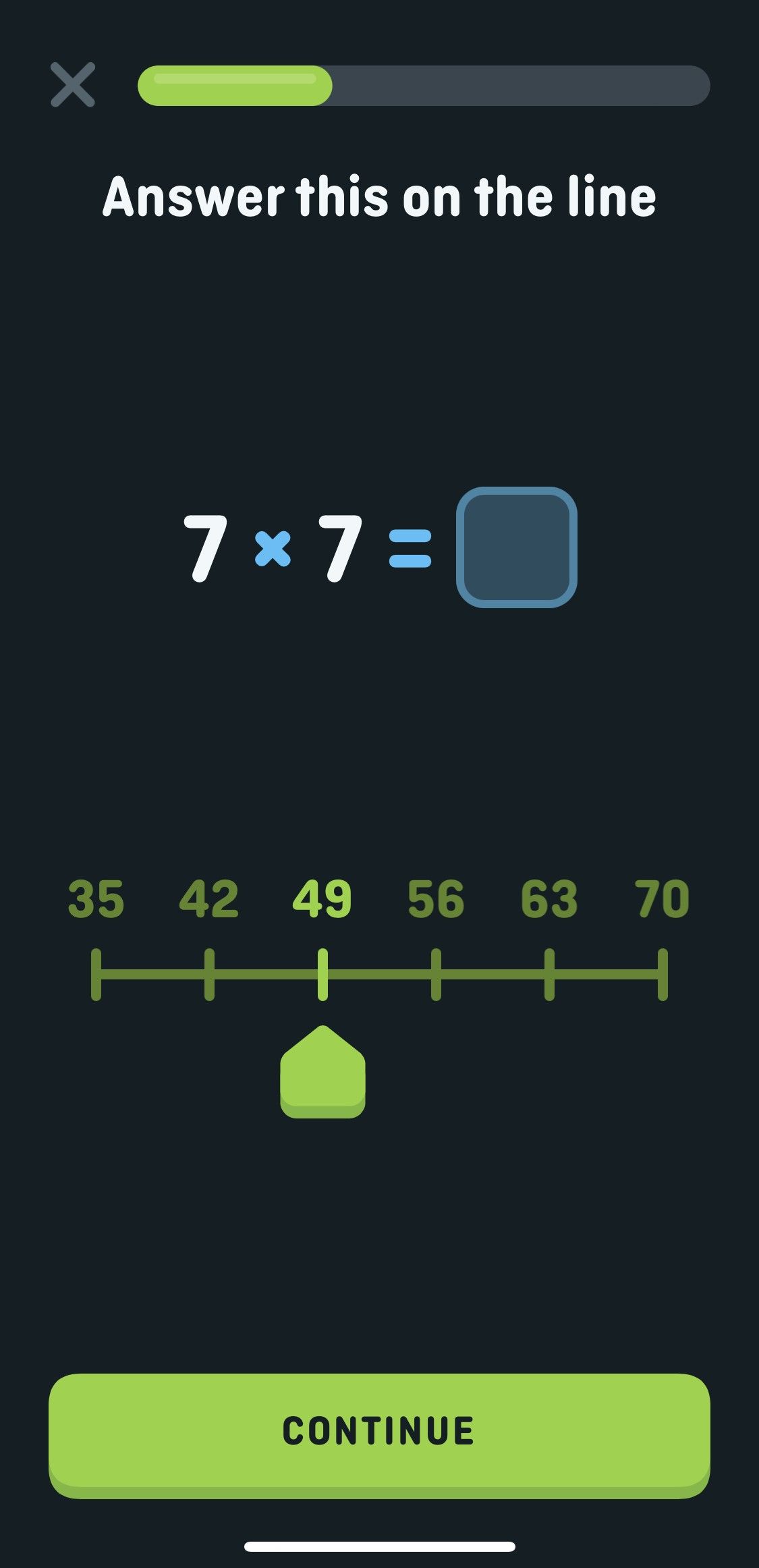 Sebuah pertanyaan pilihan ganda di Duolingo Math