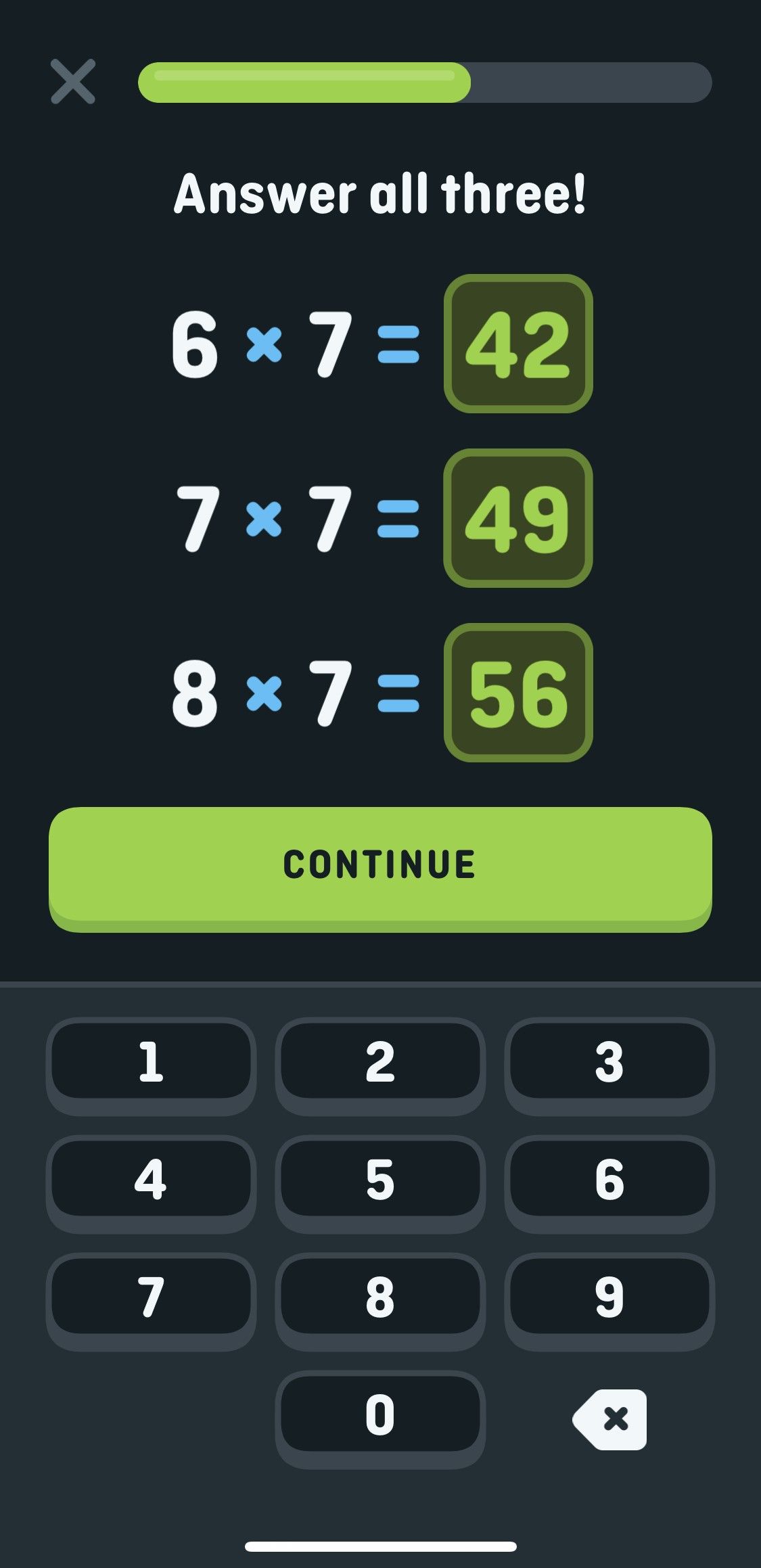 A set of fill in the blank questions on Duolingo Math