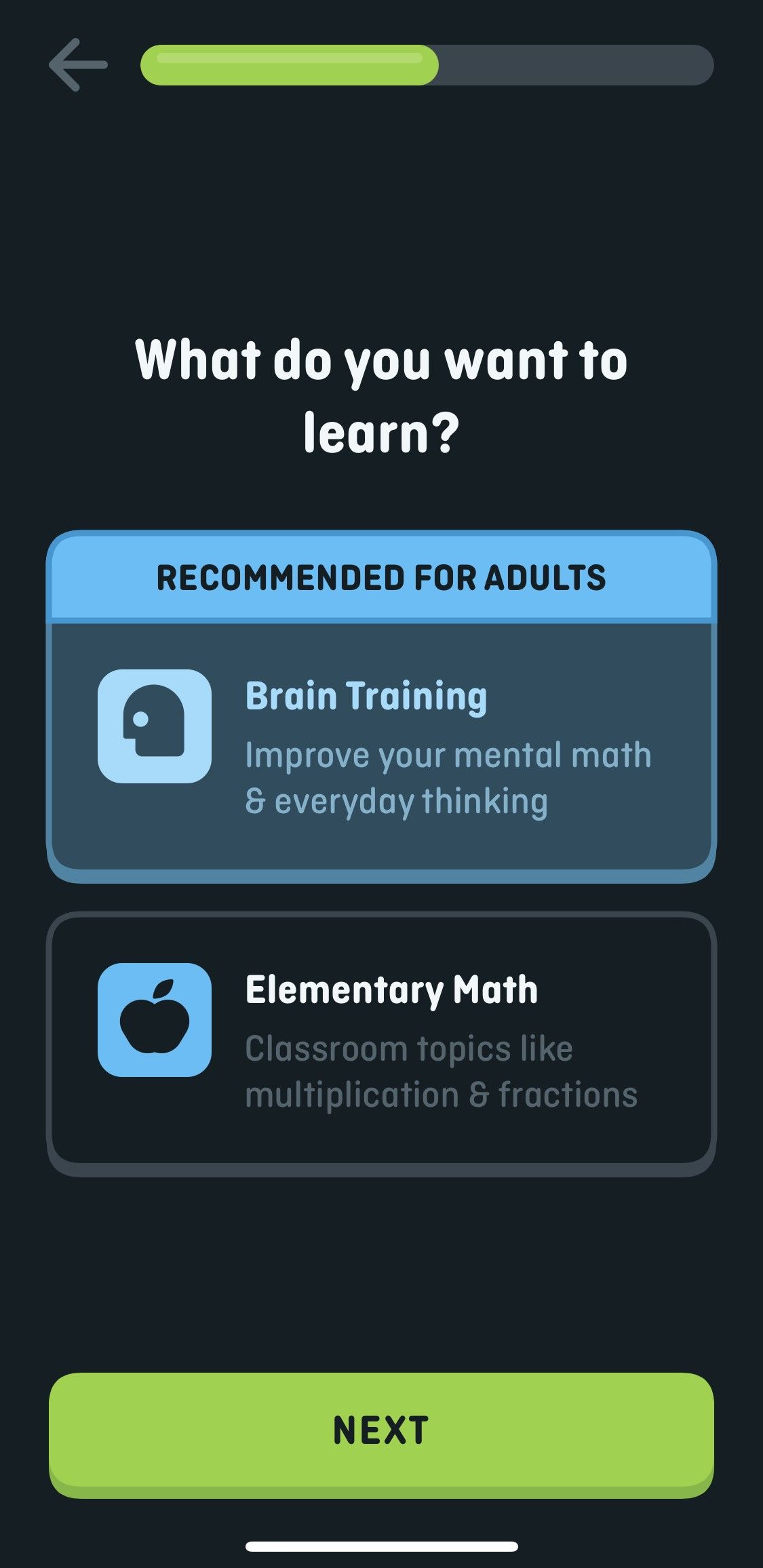 The two track options for Duolingo Math.