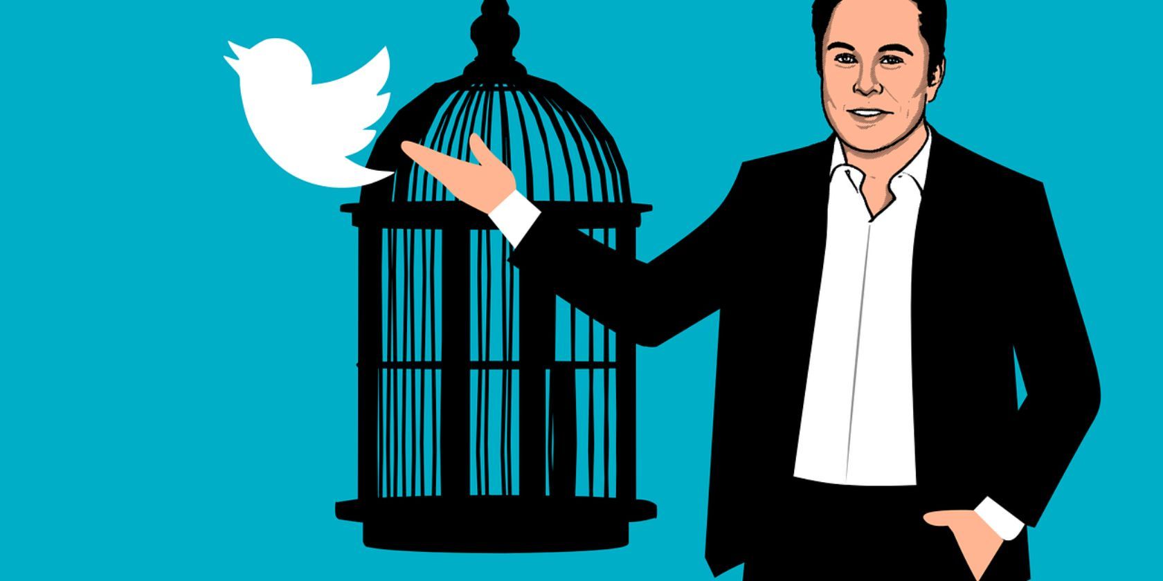 A cartoon vector of Elon Musk with a cage with the Twitter logo inside