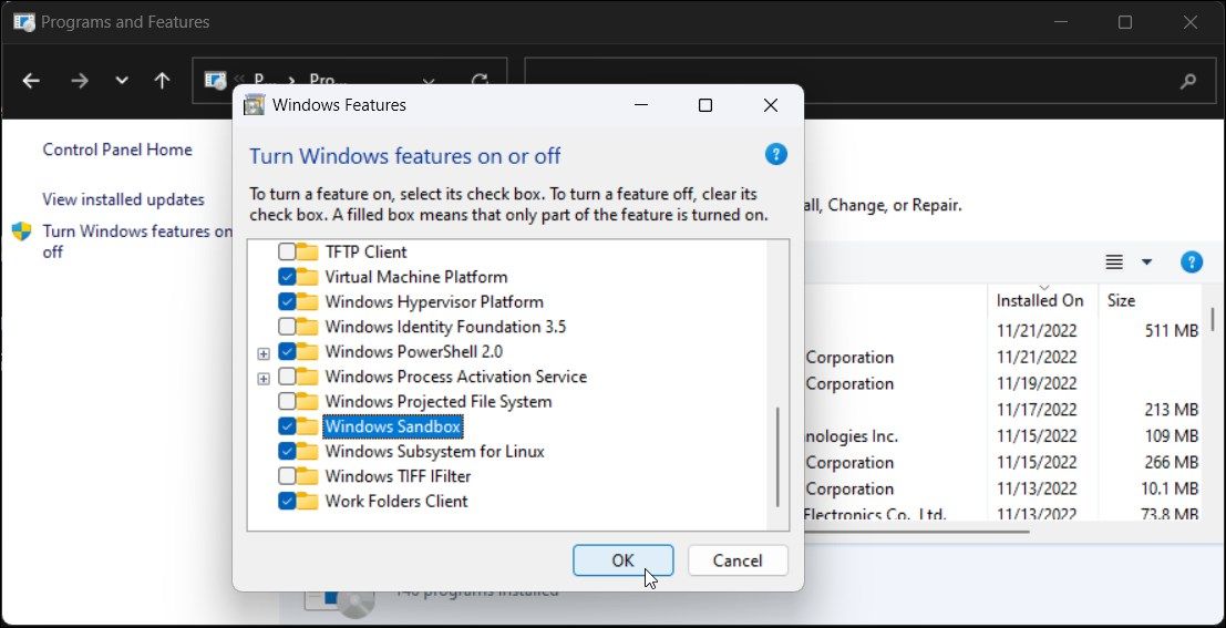 enable Windows sandbox turn windows features on or off