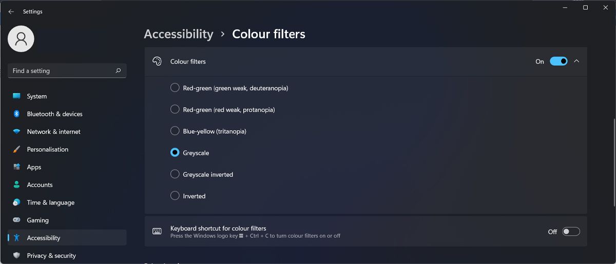 Windows 11 colour filters settings