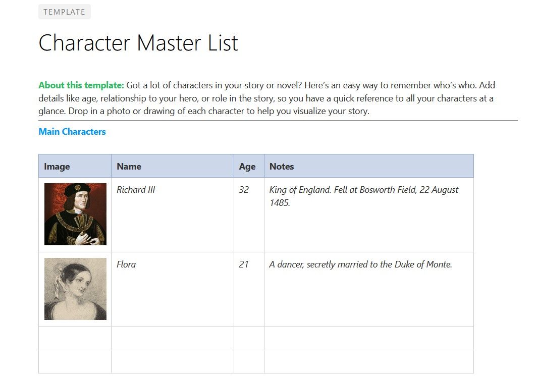 Evernote Creative Writing Template for Character Master Lists