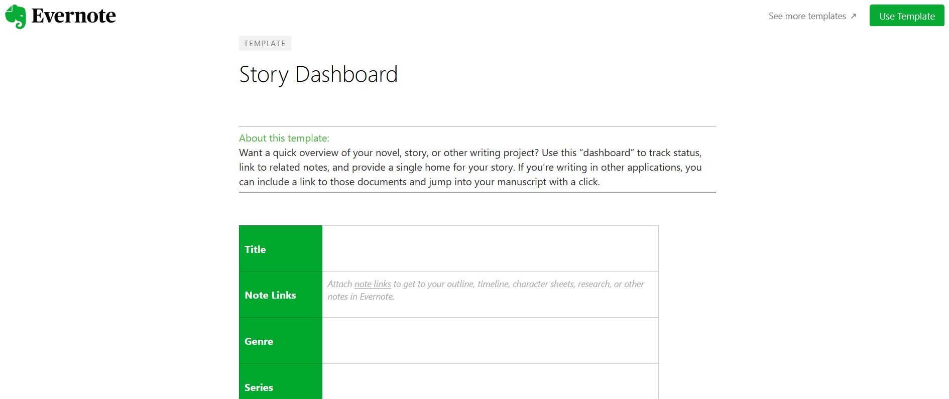 Evernote Story Dashboard Template for Creative Writers