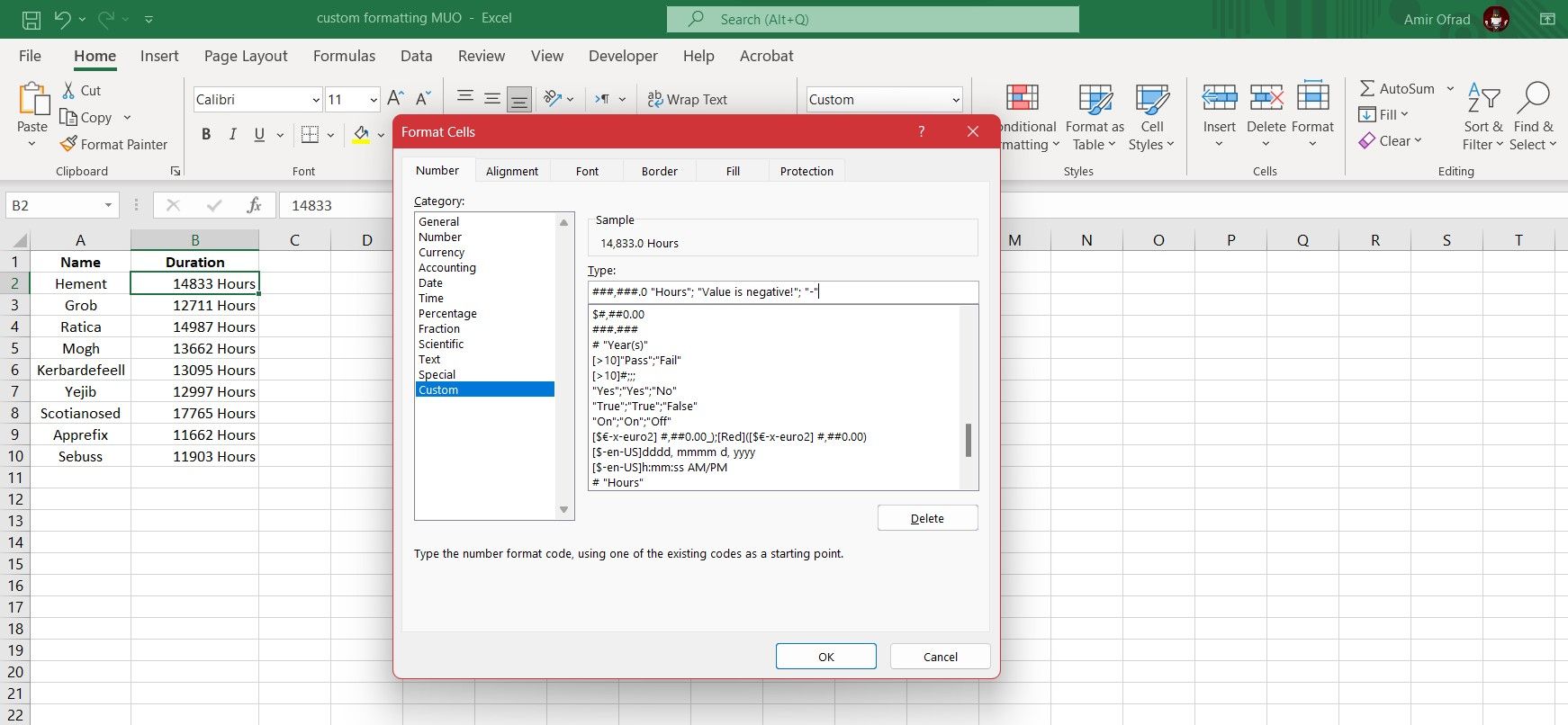 Formatting window in Excel