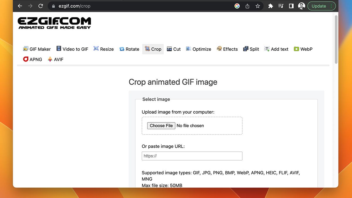 Ezgif online image cropping tool