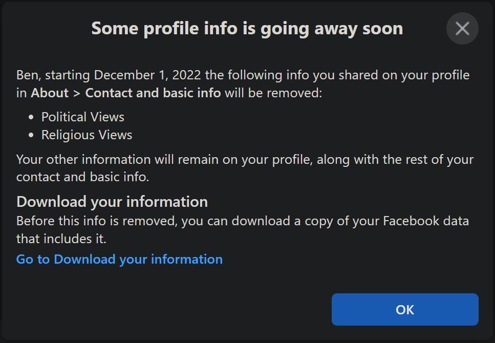 aviso de desactivación de información confidencial de facebook