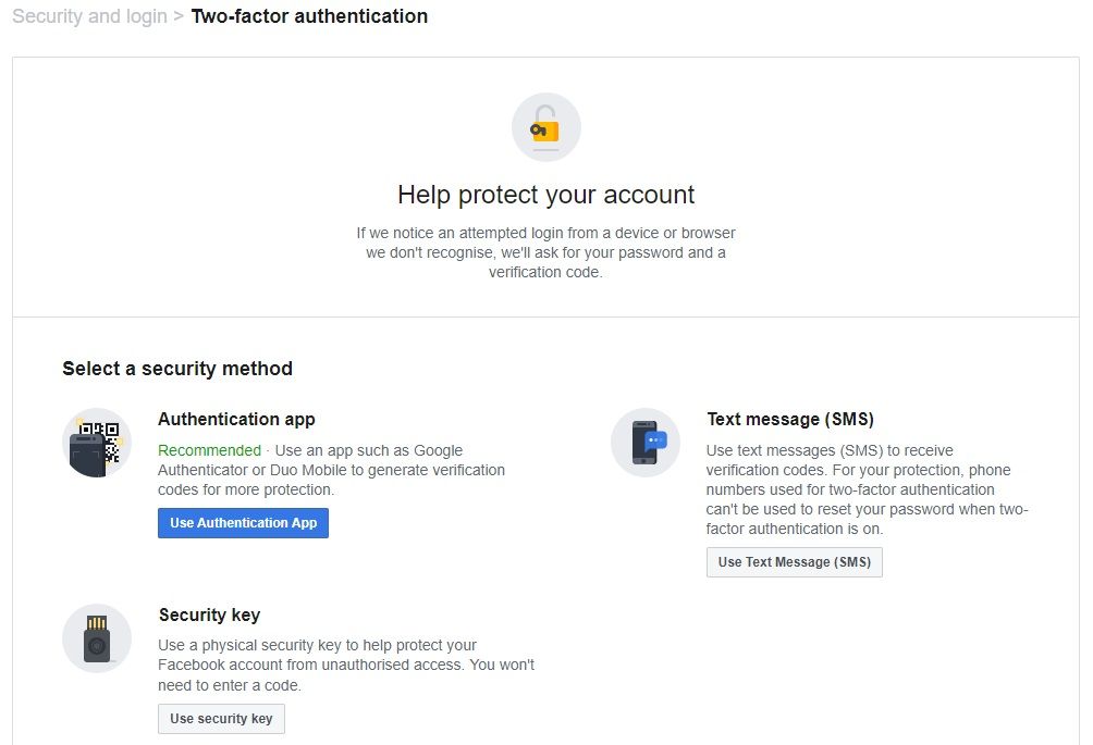 facebook two factor auth settings