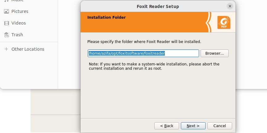 foxit reader setup asking user to select folder to install foxit
