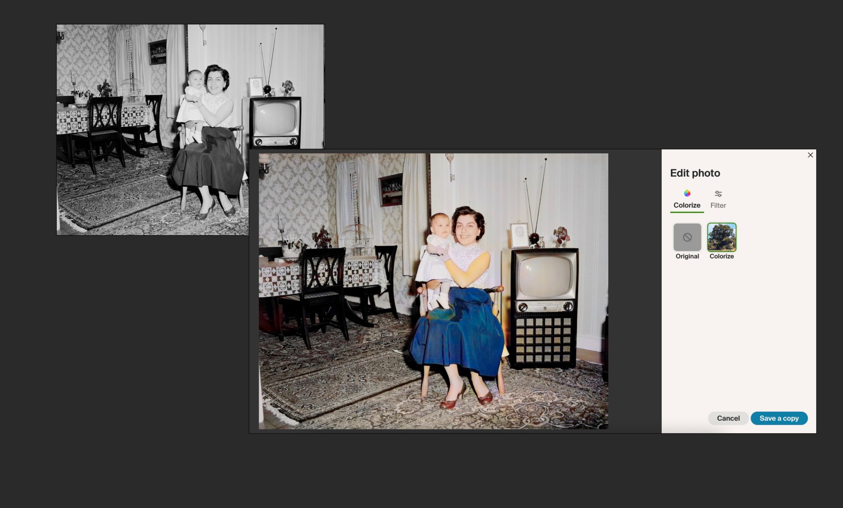 Uma foto em preto e branco de uma mulher e um bebê, ao lado de uma versão colorida da Ancestry.