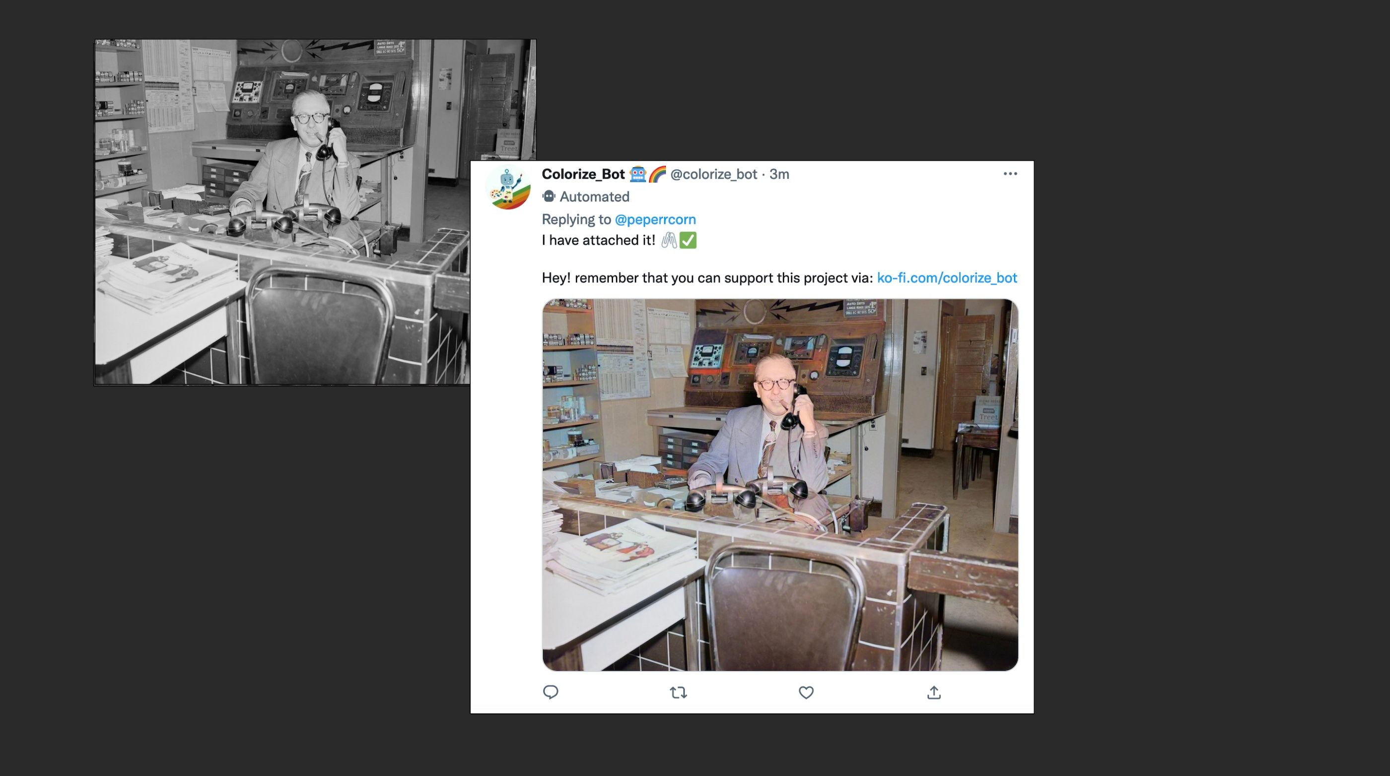 Uma foto em preto e branco de um homem usando um telefone, ao lado de uma versão colorida de um bot do Twitter chamado Colorize_bot.