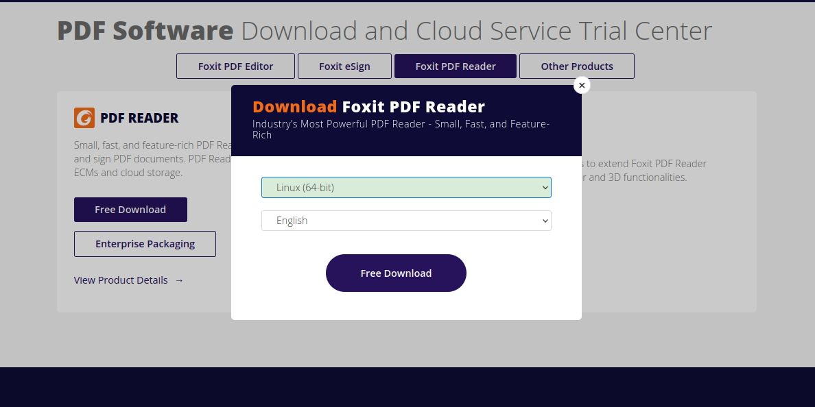 Foxit download page asking user to select Linux architecture