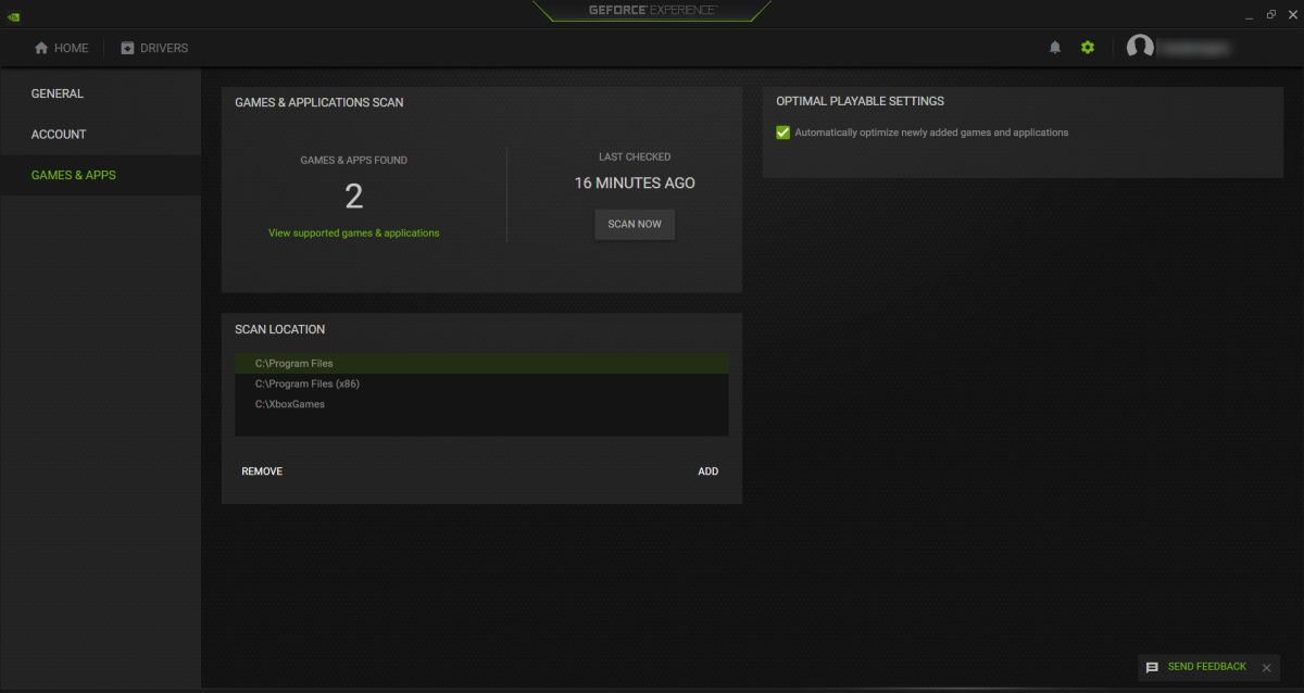 the games apps screen in the geforce experience settings