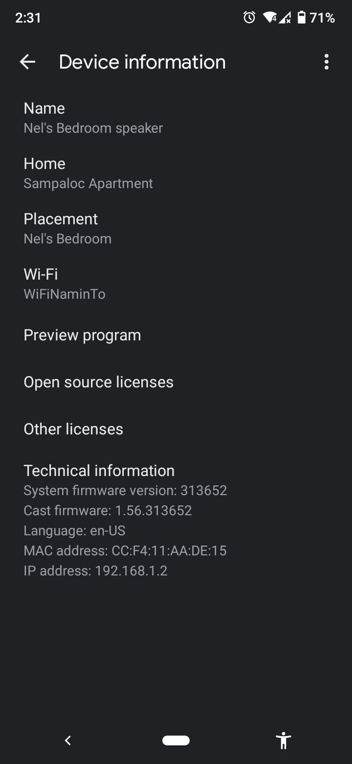 google home device information