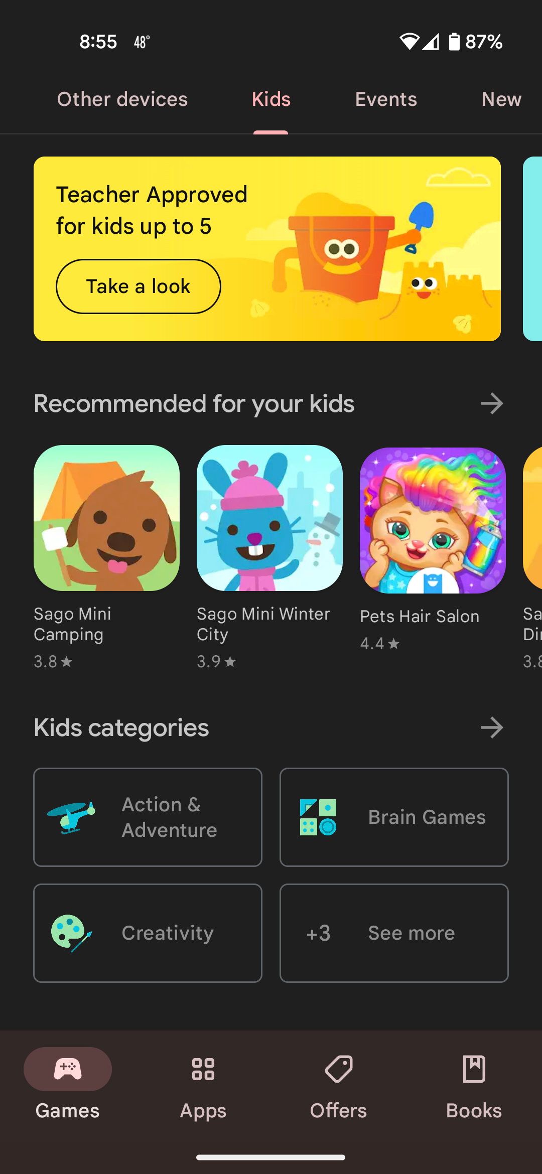 Guia Kids do Google Play, mostrando jogos recomendados para crianças e categorias