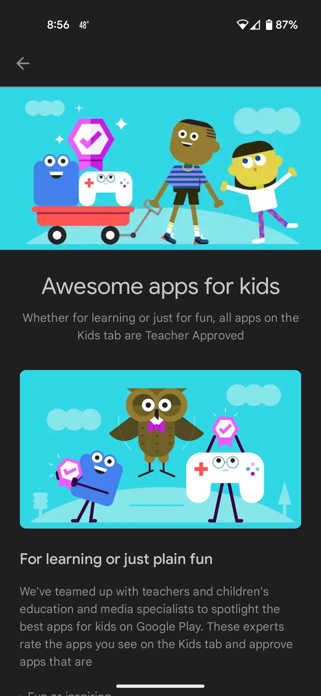 Uma página explicando como apps e jogos recebem o selo Aprovado por professores do Google Play