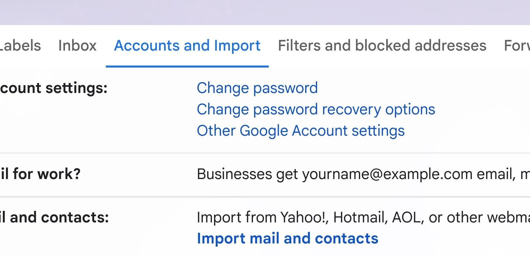 zoomed in screenshot of accounts and import gmail page
