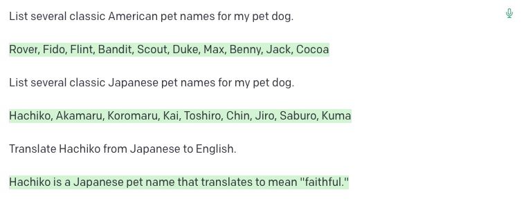 Screenshot of GPT-3 suggesting pet names.