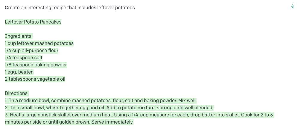 Screenshot of GPT-3 showing a potato pancake recipe.