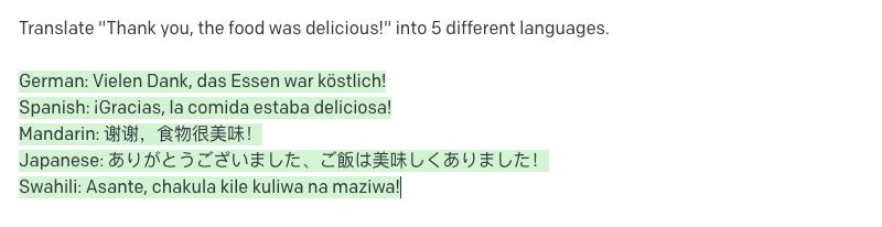 Capture d'écran montrant comment GPT-3 traduit une phrase en cinq langues.