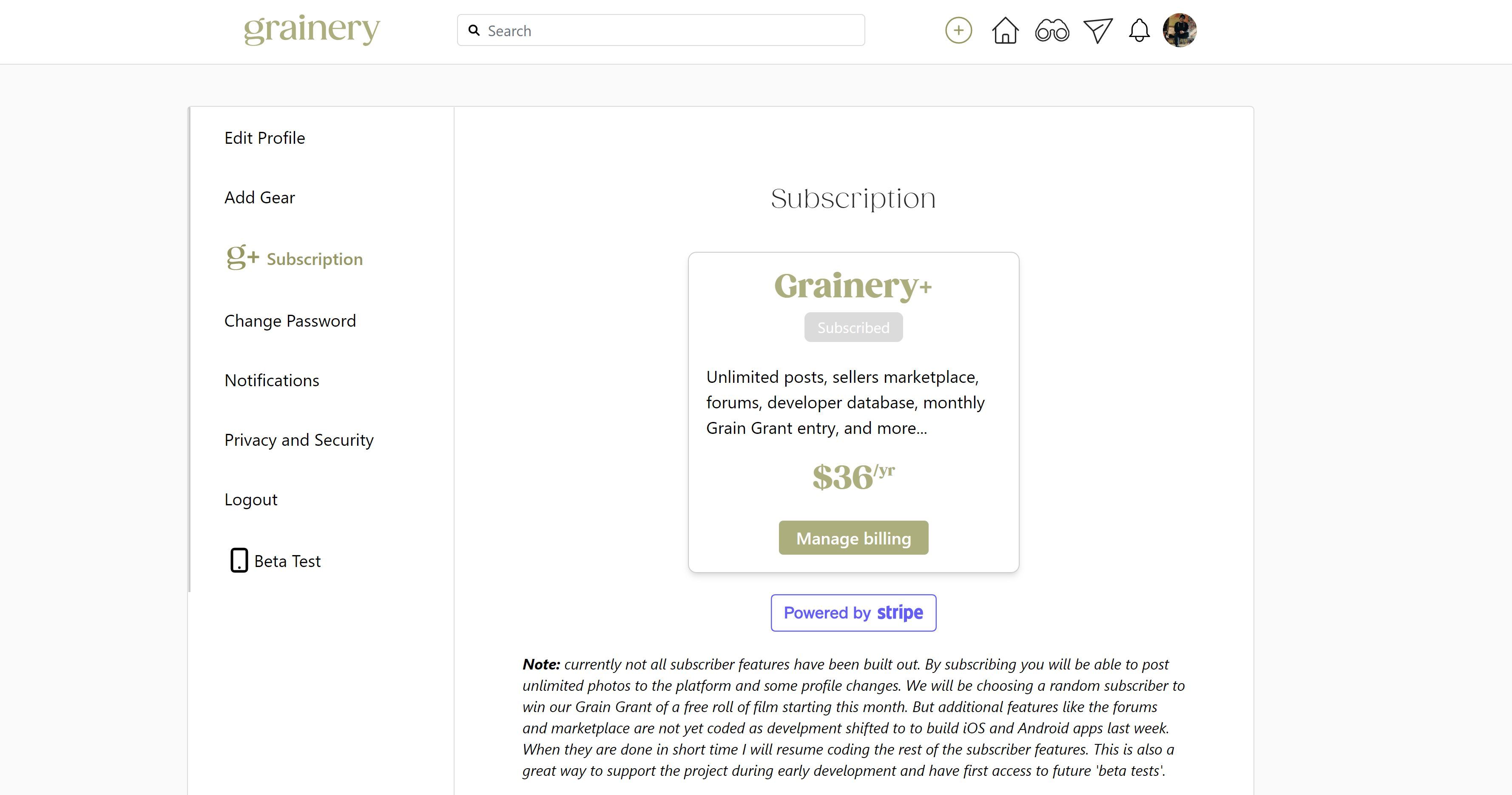 grainery+ más la página de información de registro de suscripción en el sitio de escritorio de configuración de perfil
