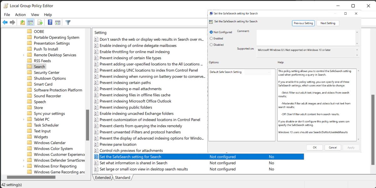 SafeSearch settigns from policy editor in Windows 11
