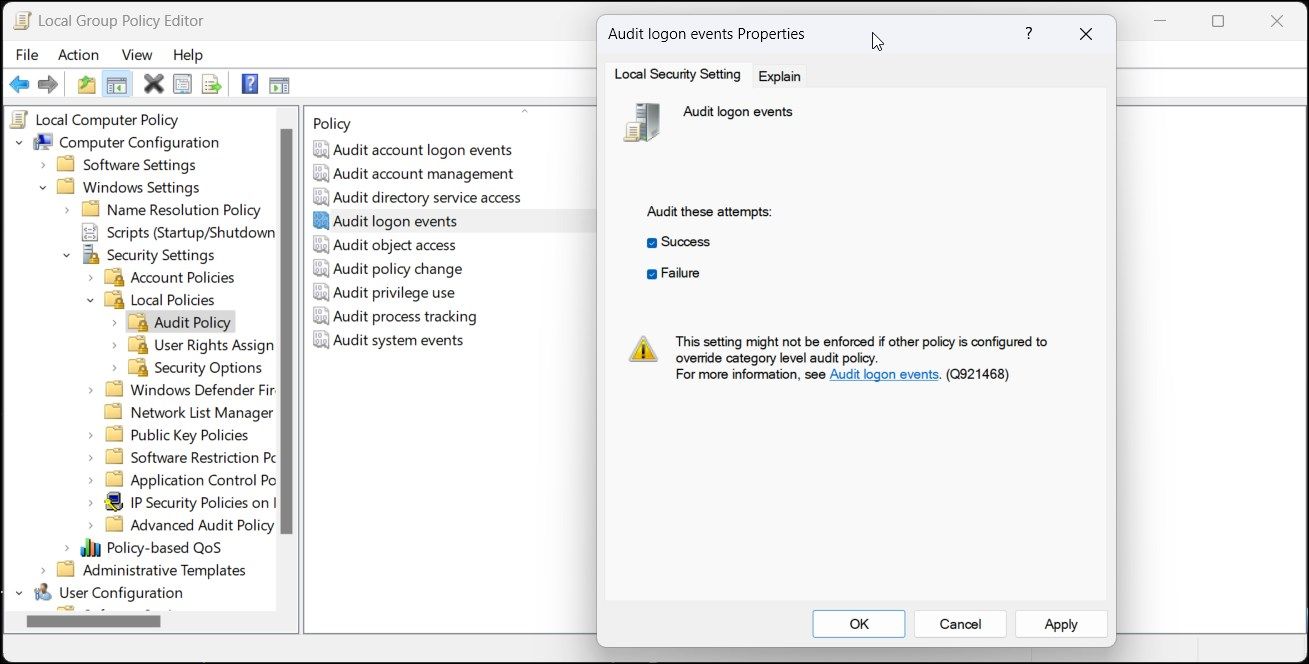 group policy editor audit logon events properties enable