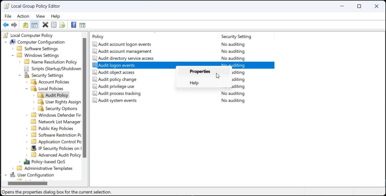 group policy editor audit logon events properties