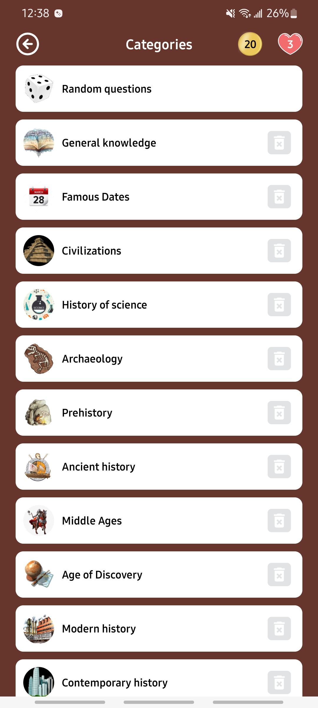 history quiz app on android showing categories