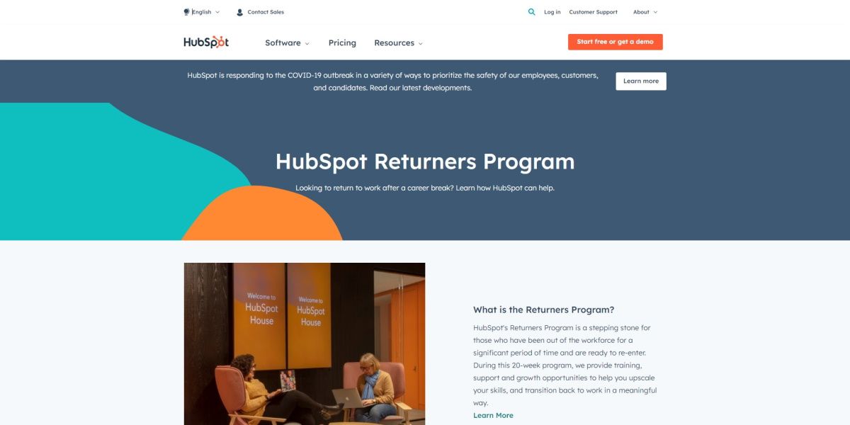 HubSpot Returners Program Returnship website