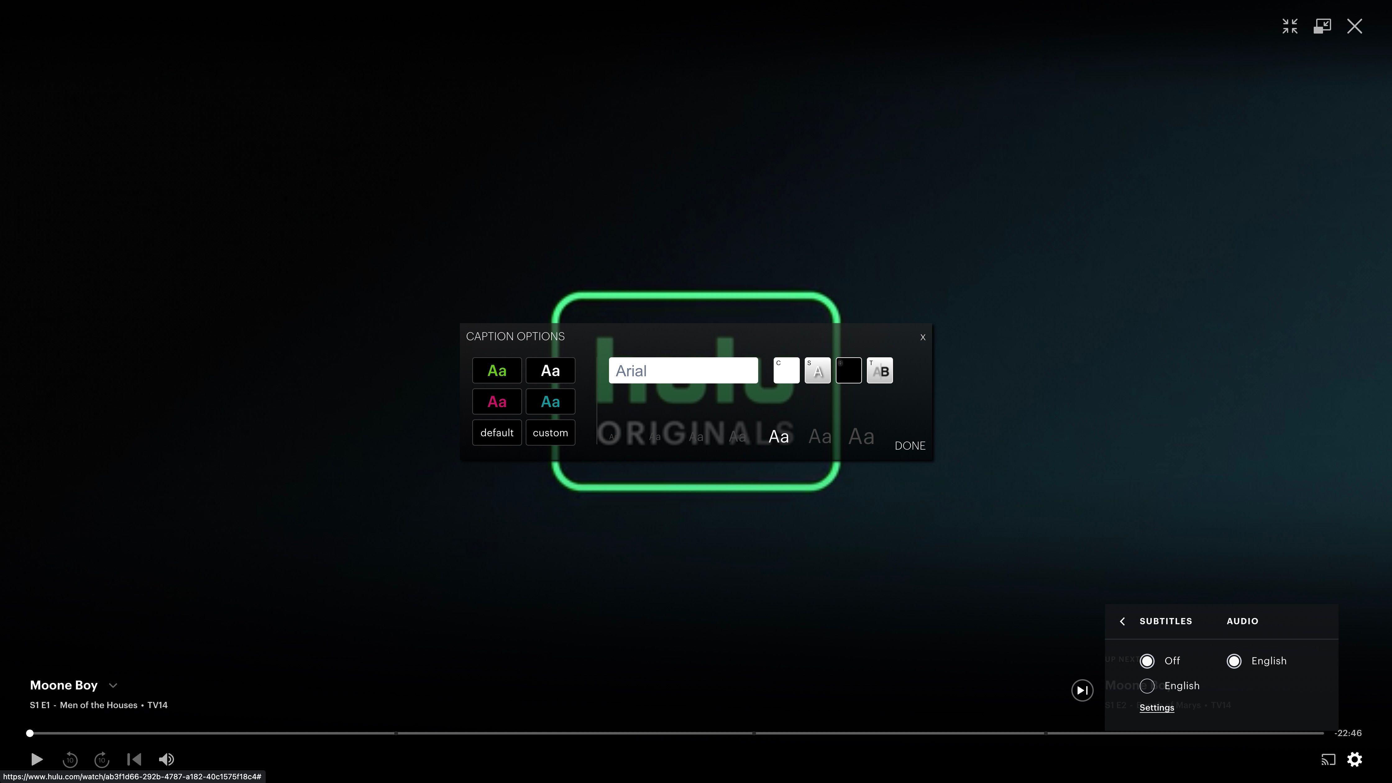 Hulu subtitle customization options menu with font options