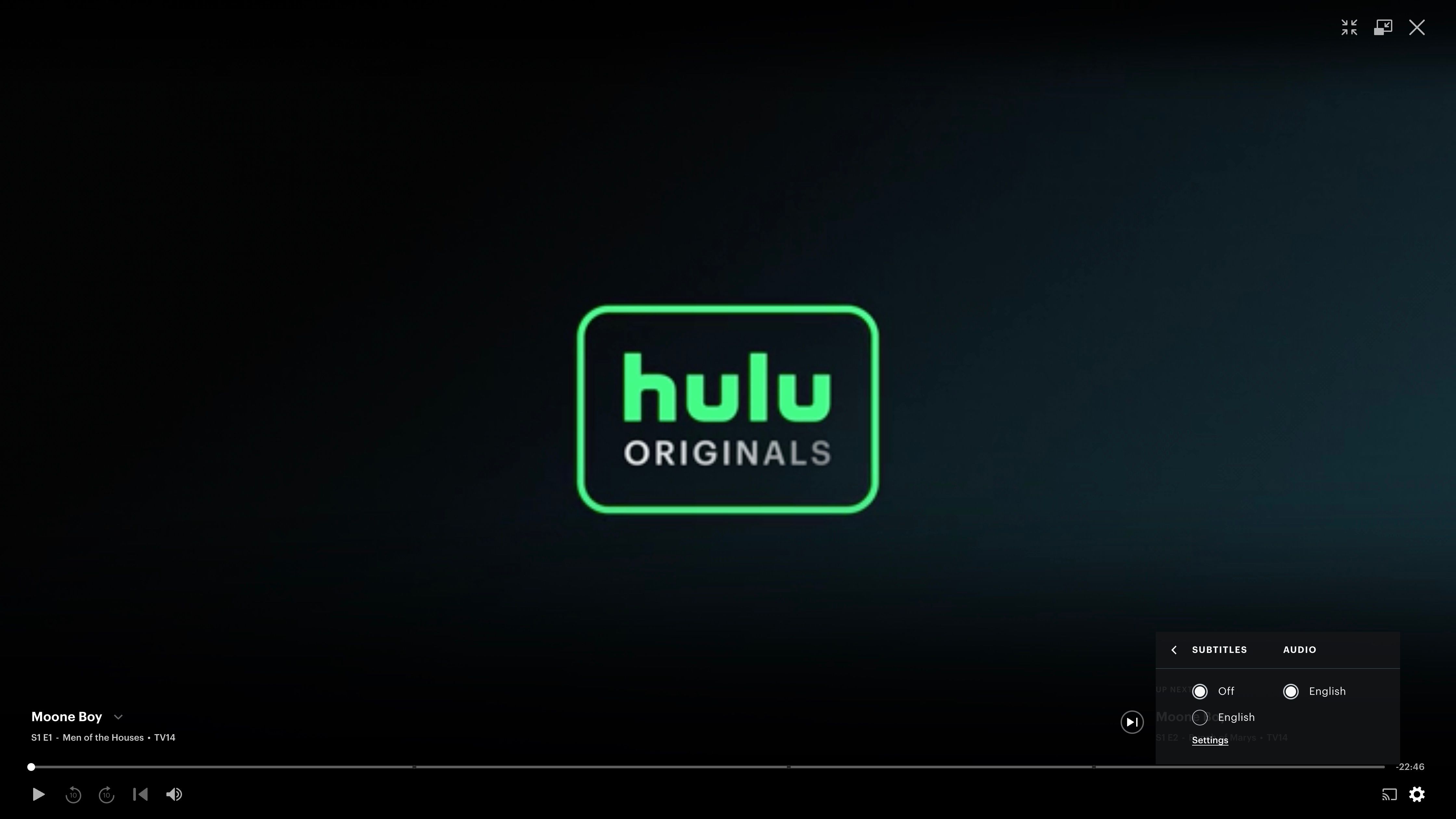 Hulu subtitles menu with English selected