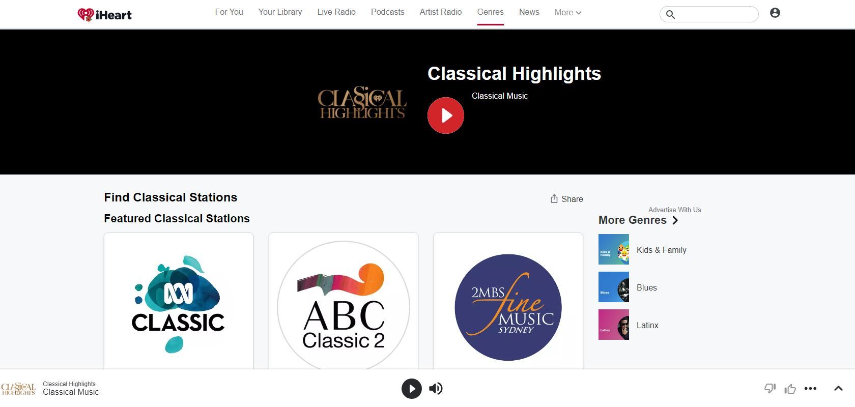 A Screenshot of iHeart Radio s Classical Landing Page