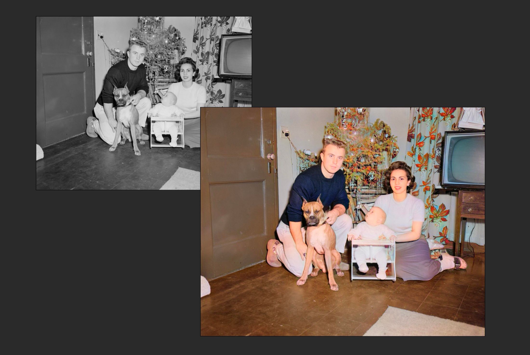 Uma foto em preto e branco de uma família na época do Natal, ao lado de uma versão colorida do Image Colorizer.