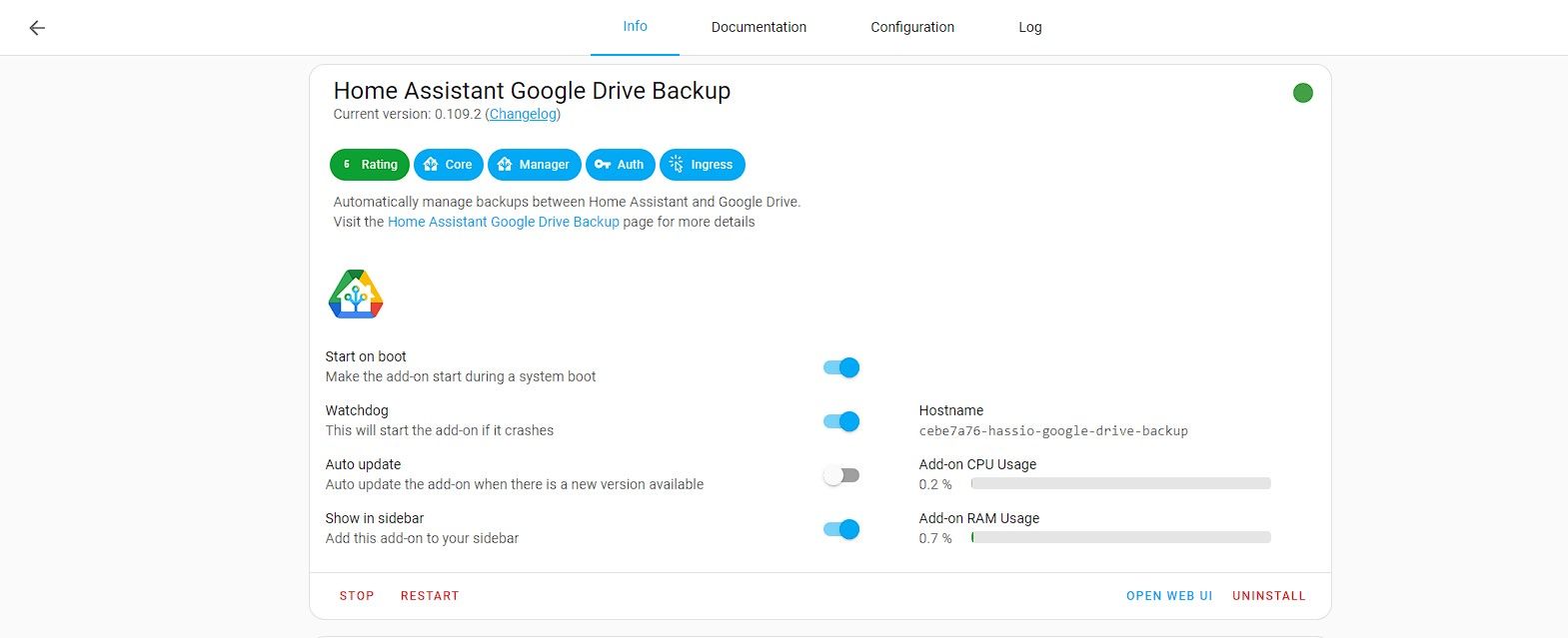 install and start home assistant google drive backup add-on