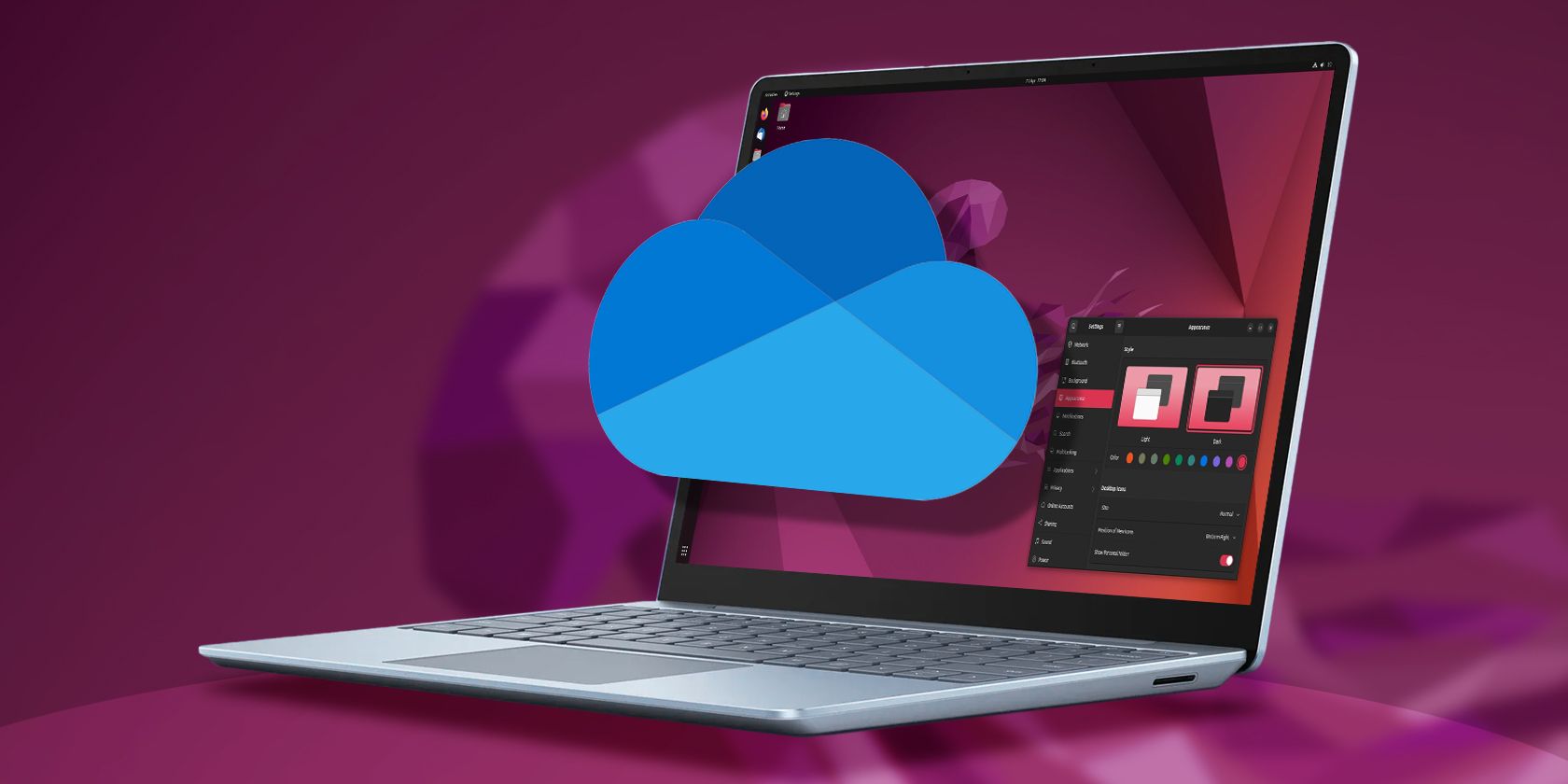 OneDrive logo in front of Laptop with Ubuntu wallpaper