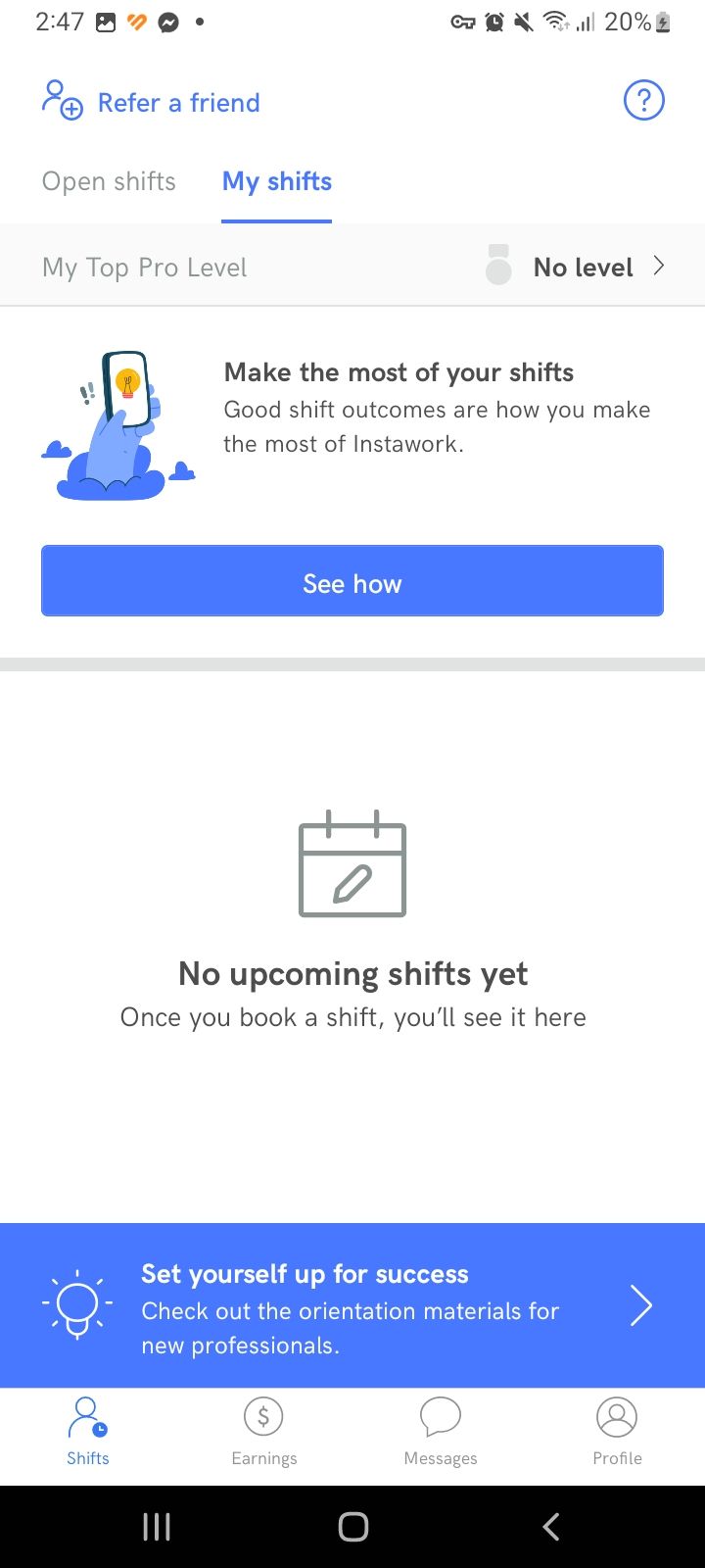 Instawork app Shifts page