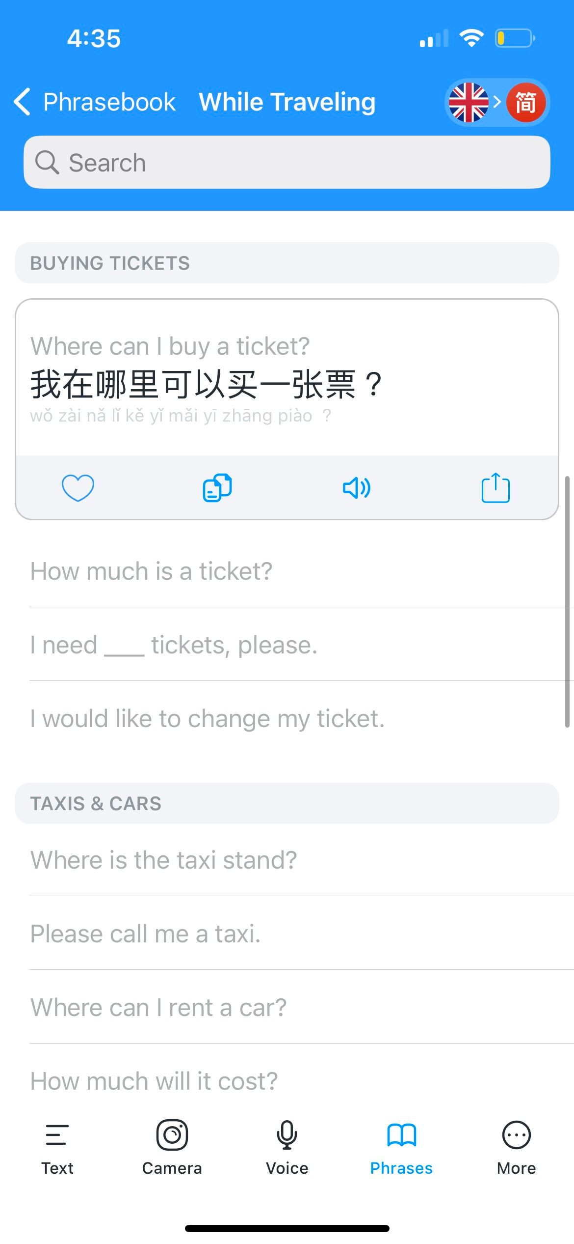 itranslate phrasebook for buying ticket while travelling