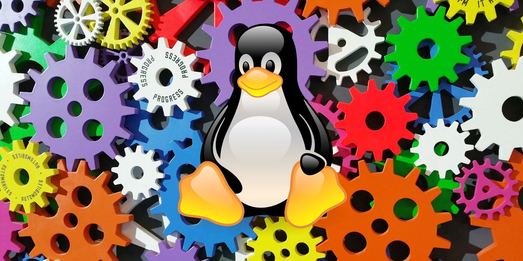 Linux Tux on gears background
