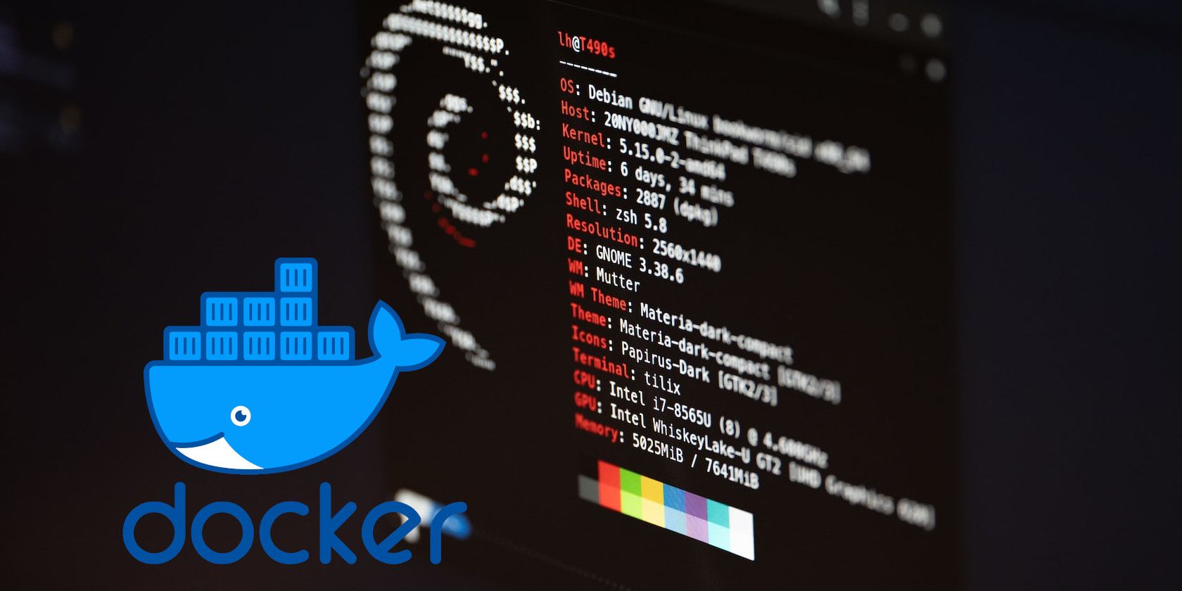 The docker logo alongside a screenshot of a linux terminal