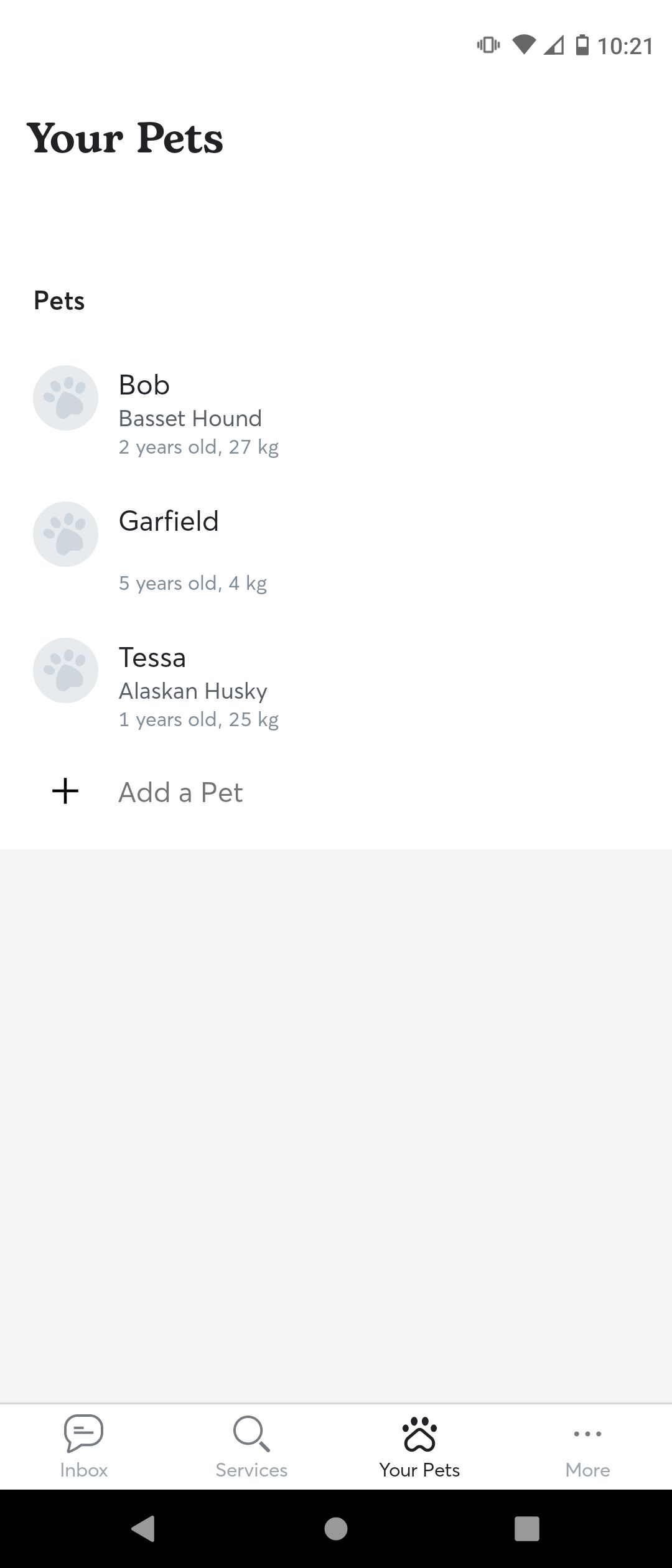 List of Pets on the Rover Android App