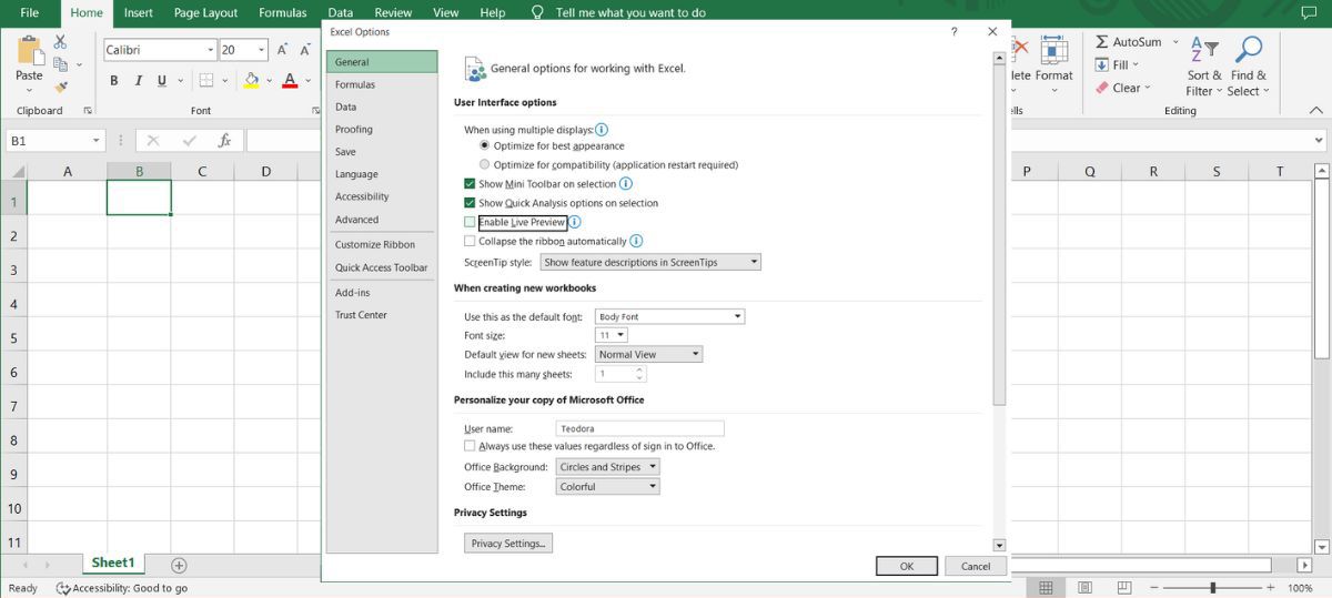 Live preview settings in Excel