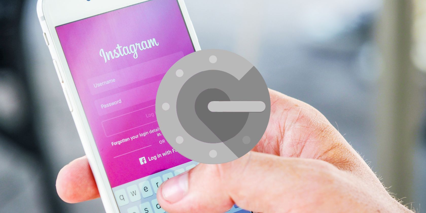 person logging into instagram on phone with google authenticator logo in front