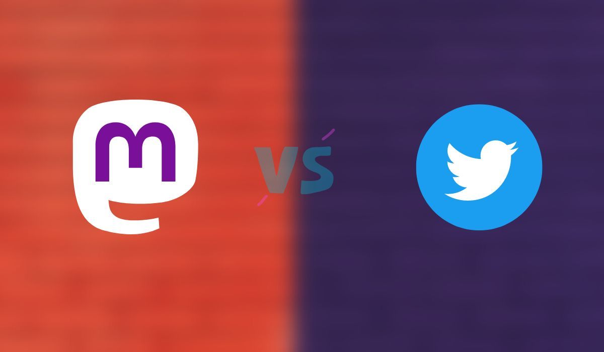 Logos of Mastodon and Twitter seen on red-blue background