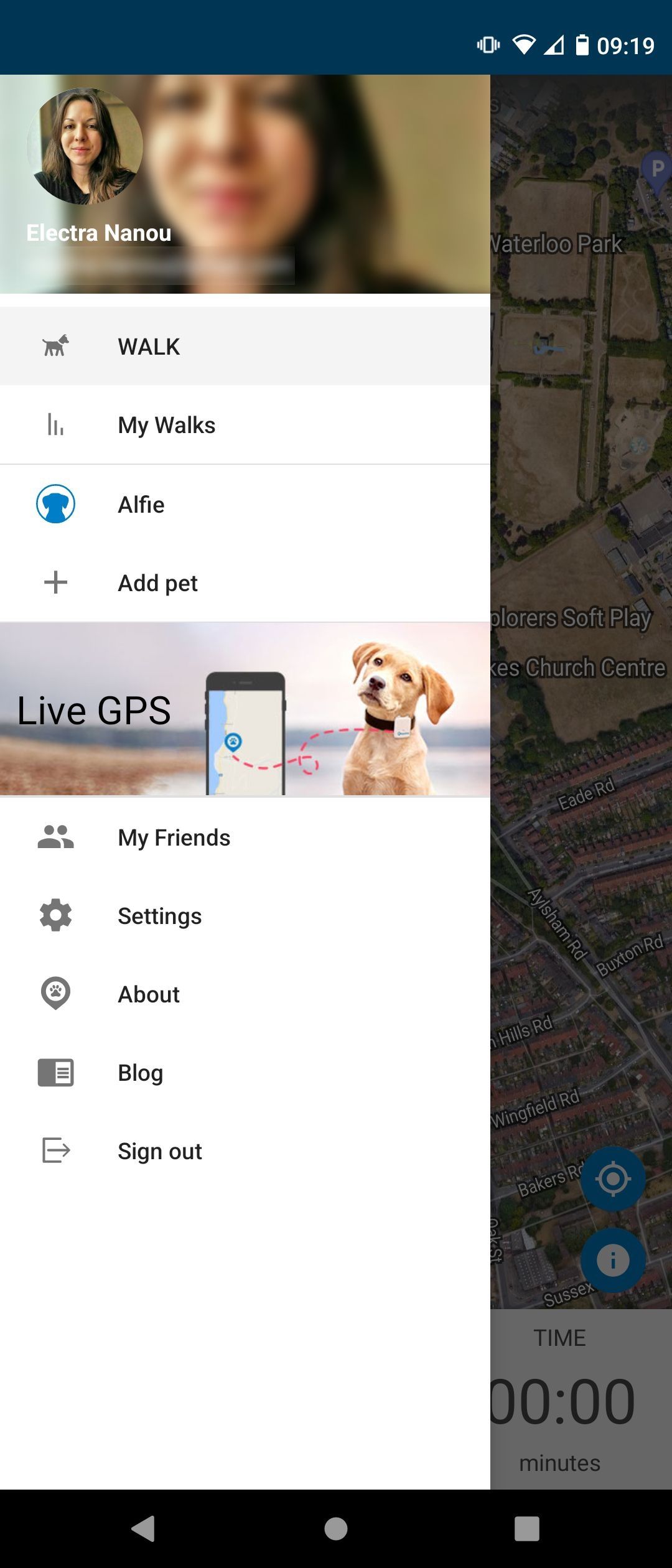 menu on dog walk app for android