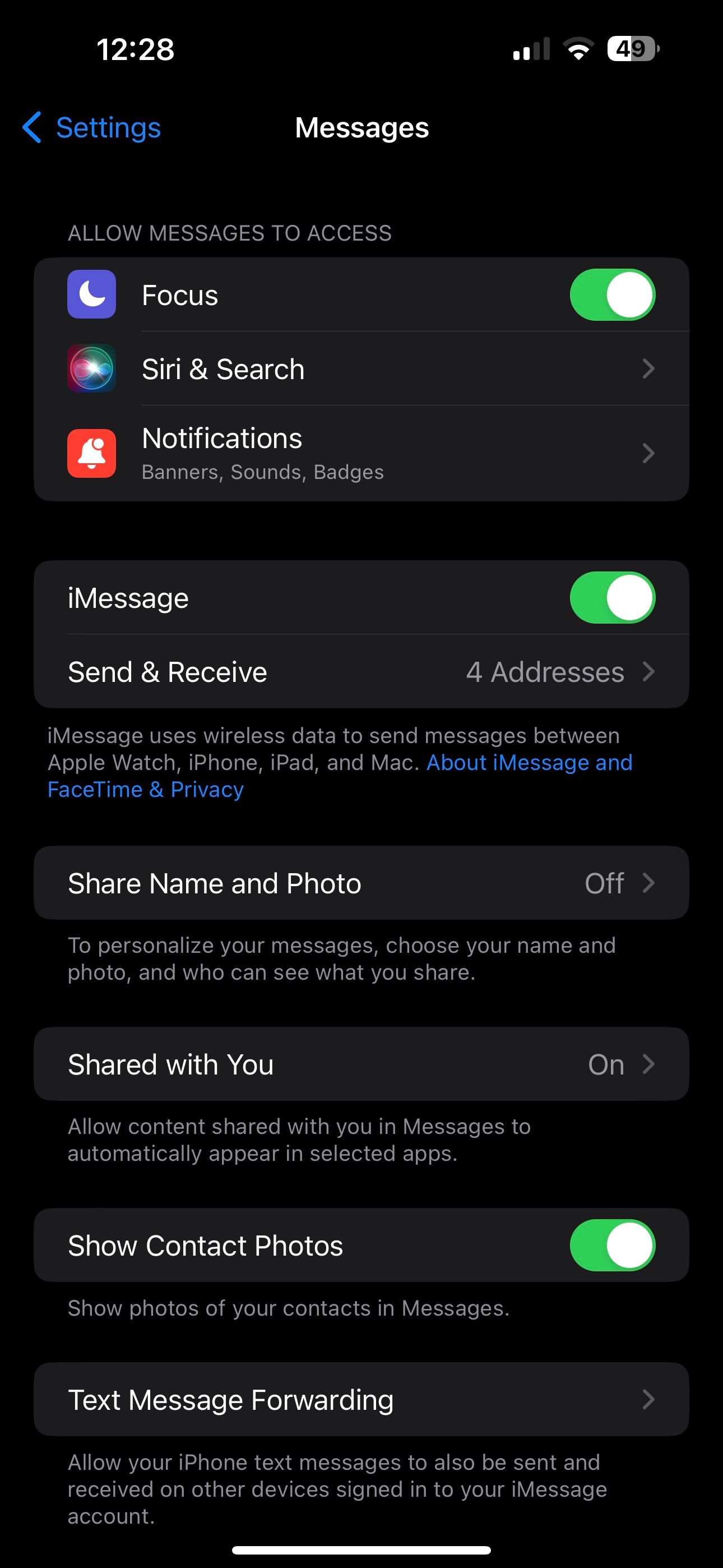 Messages Settings in System Settings