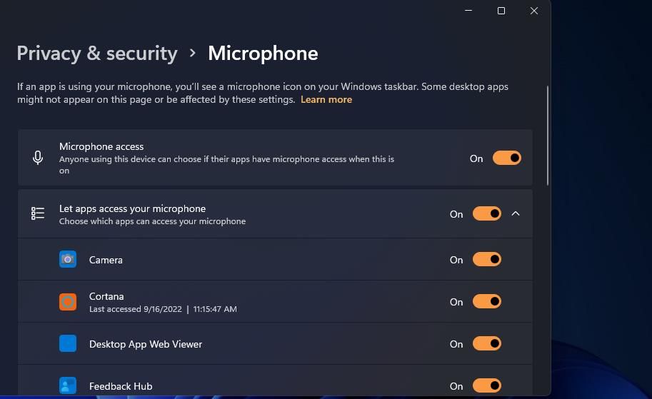 The microphone access settings