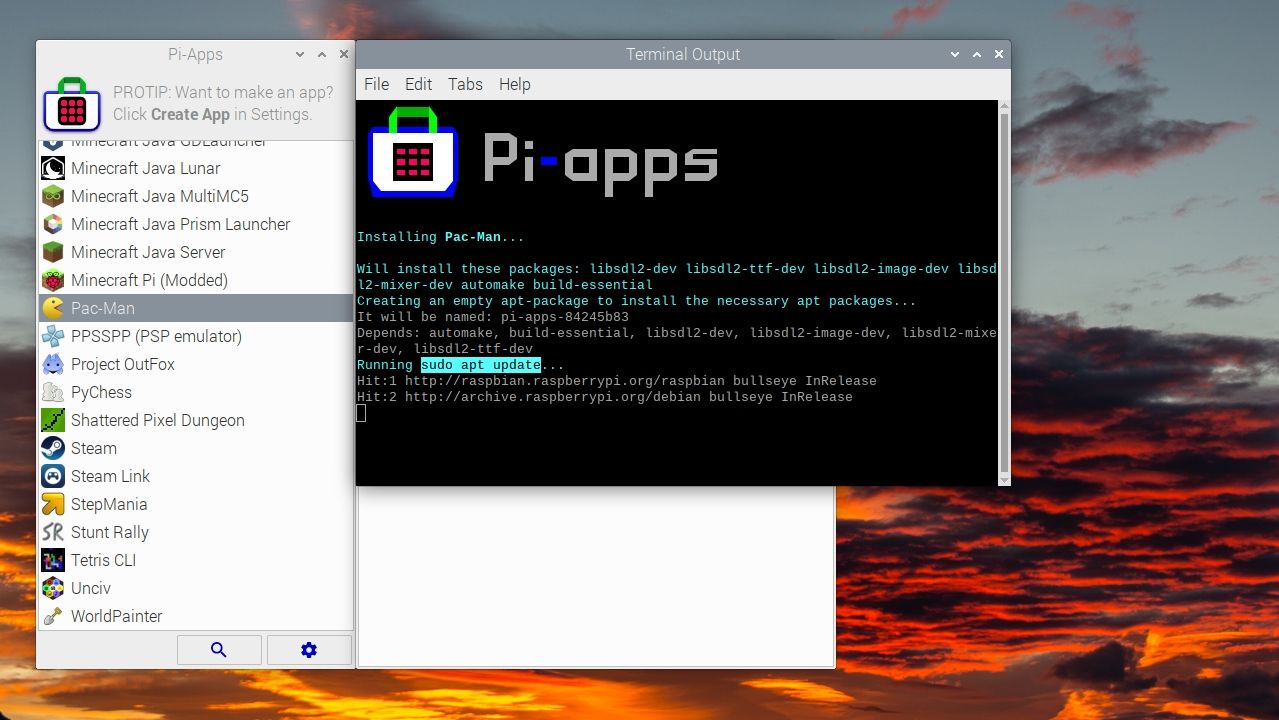 Pi Apps installation script running