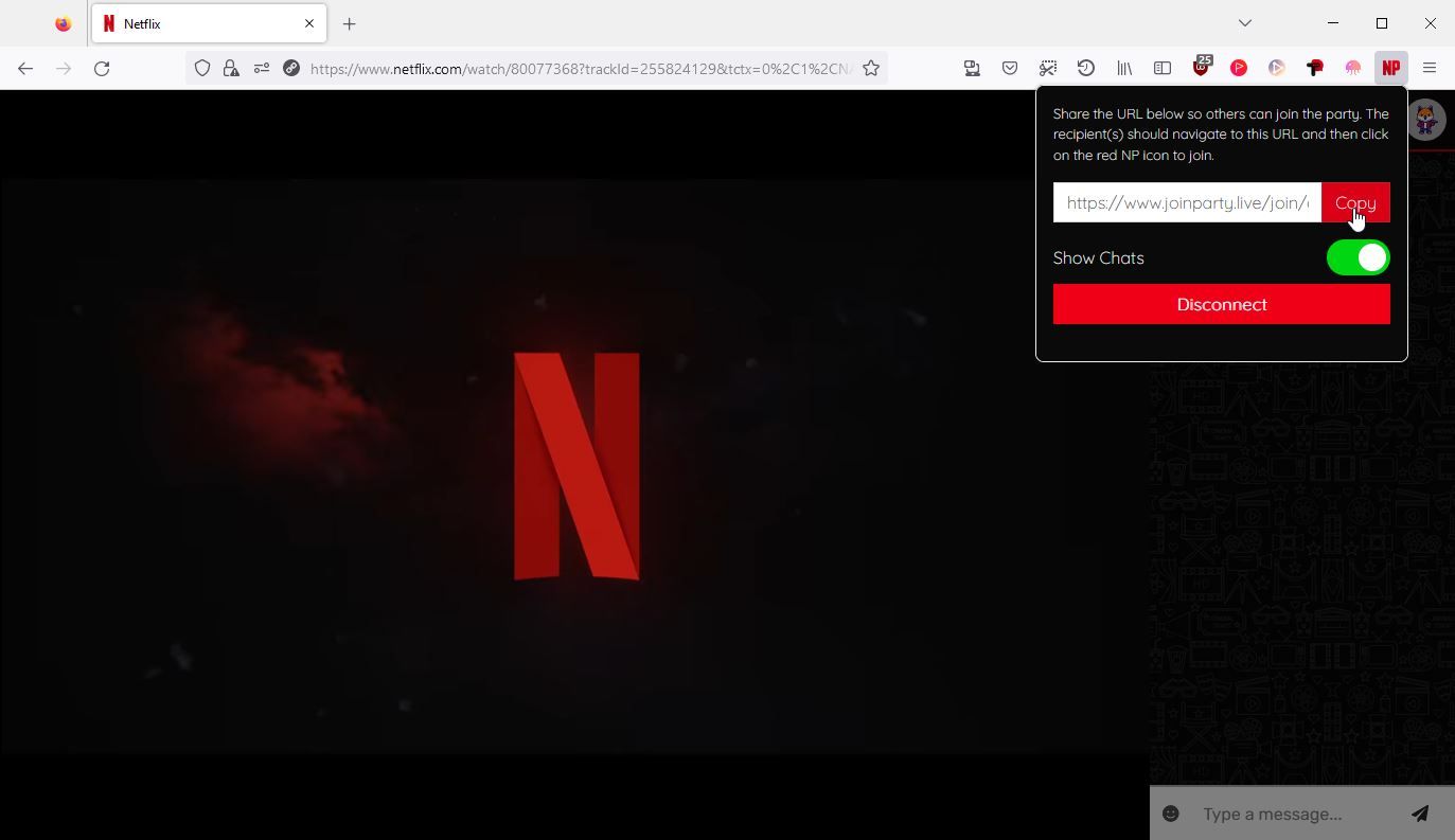 Cuplikan Layar Netflix Party untuk Firefox yang Digunakan