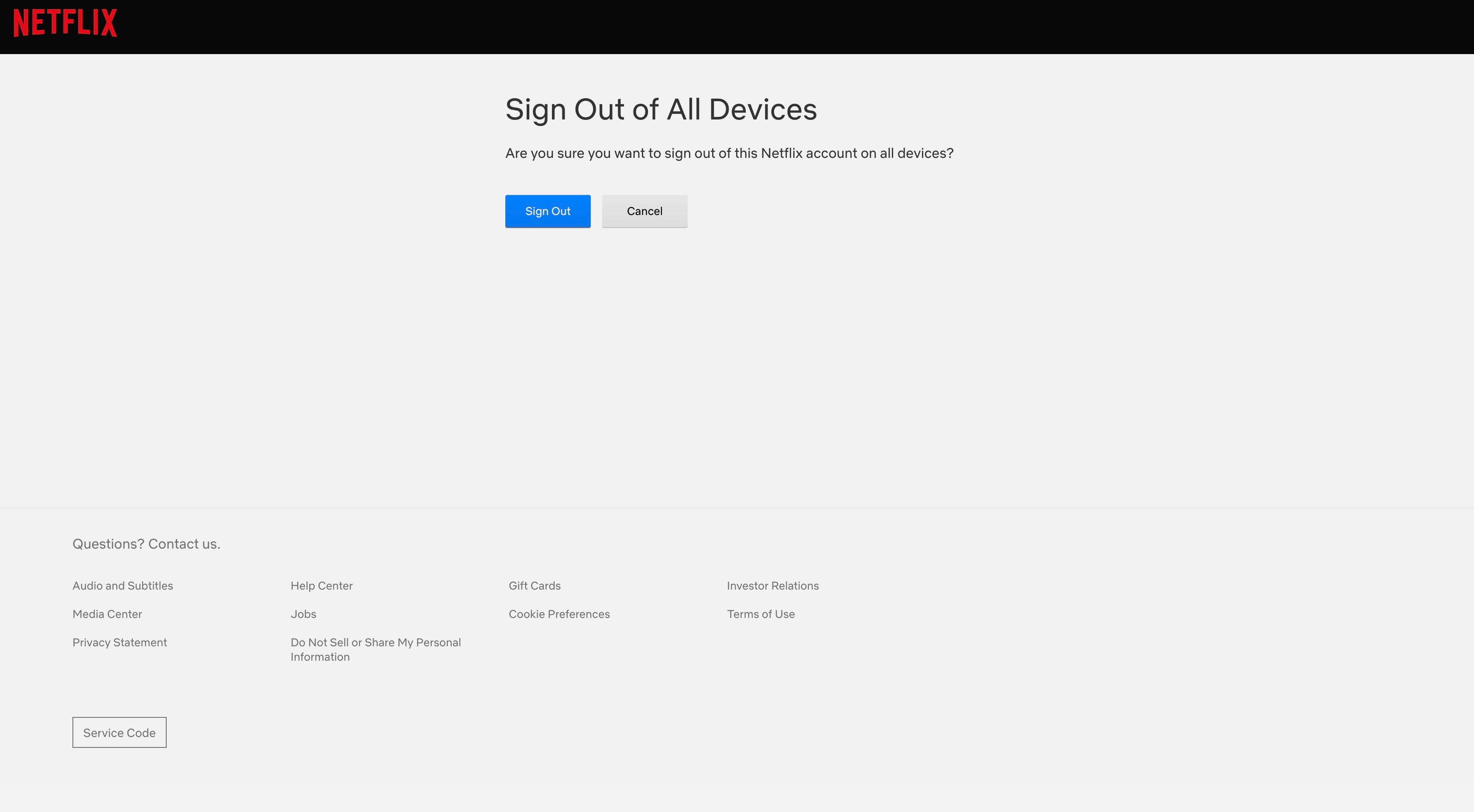 Netflix Sign out of all devices page with sign out or cancel button